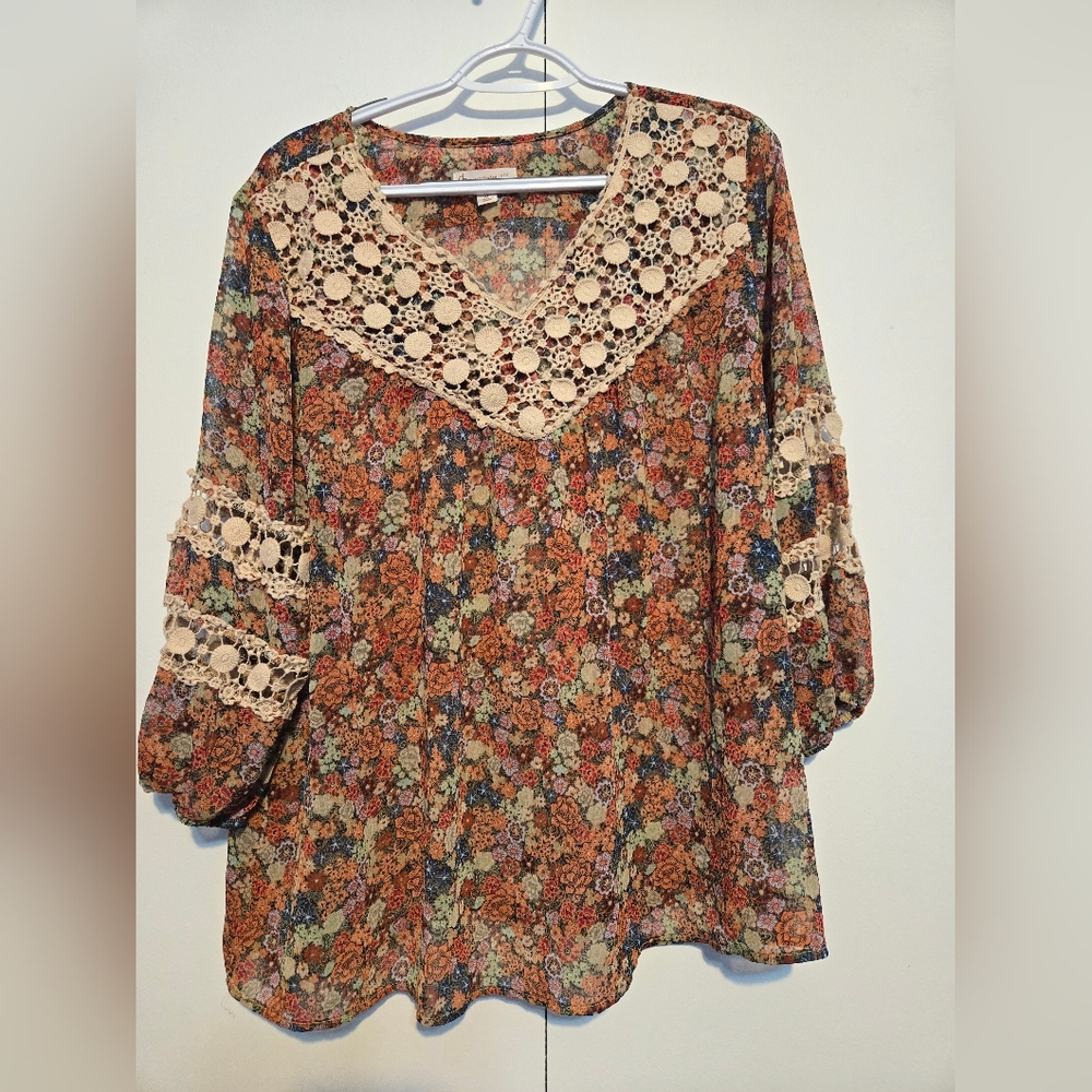 DB Established 1962 Boho Floral Crochet Trim Blouse XL Peasant Top‎